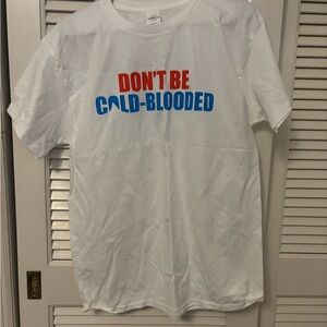 Hanes White Short-Sleeve Graphic Tee with Red & Blue Text